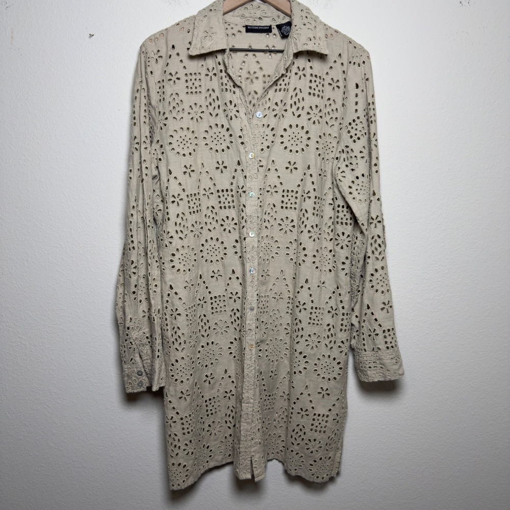 Sutton Studio Women 100% Linen Button Front Shirt Dress Beige Eyelet Tunic Sheer